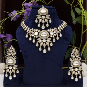 Kundan Moissanite Statement Necklace Set Matching Earrings Maang Tikka Brass Antique Gold Plated <b>Indian</b> Designer Ethnic Wedding - Product Image 2