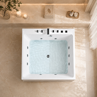 Baignoire carrée à encastrement mural avec bain à remous, robinet cascade et panneau de commande numérique 51x51 pouces