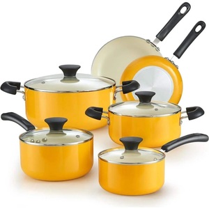 Ensemble de casseroles en céramique antiadhésives jaunes modernes de 10 pièces avec couvercles en verre, compatibles lave-vaisselle et four, pour cuisinières à gaz et à induction - Product Image 1