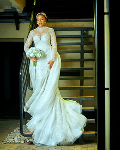 Mumuleo cuello alto encaje brillante <span class=keywords><strong>lentejuelas</strong></span> sirena árabe Aso Ebi vestido de novia manga larga vestido de novia con <span class=keywords><strong>falda</strong></span> extraíble - Product Image 4