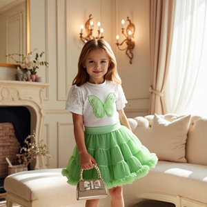 Conjunto de Ropa para Niñas Pequeñas al por Mayor, Camiseta de Manga Corta con Flores de <span class=keywords><strong>Tul</strong></span> + <span class=keywords><strong>Falda</strong></span> de <span class=keywords><strong>Tul</strong></span> en Capas Sólida, Conjunto de 2 Piezas - Product Image 2