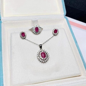 925 tự nhiên bạc <span class=keywords><strong>Ruby</strong></span> Set Halo Vòng vòng Vòng cổ bông tai sterling bạc <span class=keywords><strong>Ruby</strong></span> đá quý Wedding party Jewelry Set - Product Image 2