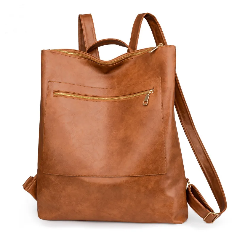 Ladies Casual Laptop Travel Backpack Pu Leather School Bag Waterproof Large Capacity Tote Drawstring Leather Backpack