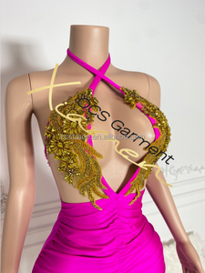 MF Fashion Design Gold Rhinestone Night Halter Hollow Out Fruncido Sexy Party Wear Wrap Vestido corto para discoteca - Product Image 5