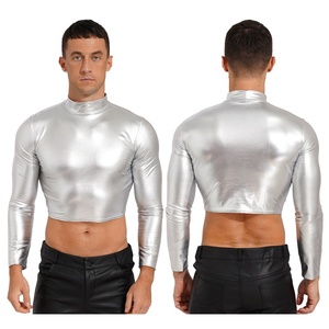Men Latin Dance Crop <b>Top</b> Metallic Long Sleeve <b>Mock</b> <b>Neck</b> Shiny Liquid Stage Ballroom Festival Costume Custom - Product Image 5