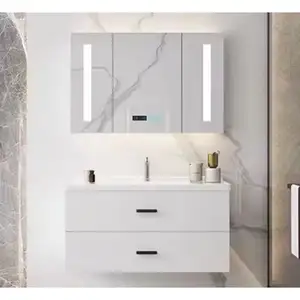 High Glossy White 120cm Width Stock Clearance Bathroom Vanity Wall Mounted Glass Basin With Mirror