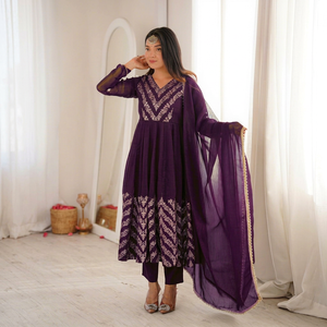 <b>Women</b> Purple Cotton Anarkali Suit Set With Dupatta Ethnic <b>Party</b> <b>Wear</b> - Product Image 1