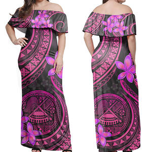 Puletasi samoan naturel longueur ras du sol, style bohème polynésien tribal, motif plumeria tatoué, épaules dénudées, personnalisé, vente en gros économique - Product Image 1