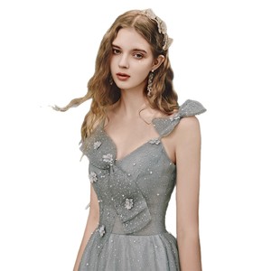 Elegant Strapless A-Line Evening Dress Gray Floral Print Empire Waistline Midi Length For Bridesmaids - Product Image 5