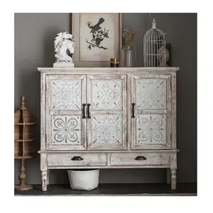 Boho Shabby Chique Rustieke Boerderij Dressoir Opslag Gesneden Kast Distressed Woonkamer Kast Met 3 Deuren 2 Lade