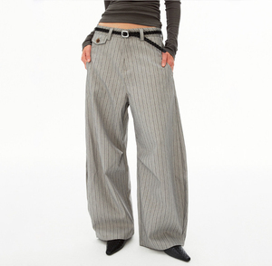 Manufacturer's <strong>Women</strong> <strong>Pinstripe</strong> High Waist Wide Leg Suit <strong>Trousers</strong> Back Adjust Tab Drape Oversized Floor Length Breathable ODM - Product Image 1