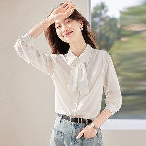 Blue Satin Shirt Women Long Sleeve Solid Color Office Wear Polyester Fabric Q9960 - Product Image 4