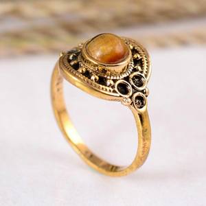 Brass Gold Tiger Eye Bezel Setting <b>Statement</b> <b>Ring</b> Handmade Boho Unisex Natural Gemstone Jewelry - Product Image 1