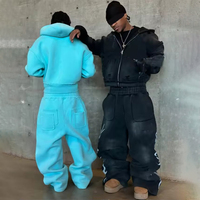 Ensemble survêtement streetwear pour homme, imprimé personnalisé, coupe oversize, épais, délavé à l'acide, avec sweat à capuche zippé et pantalon de survêtement