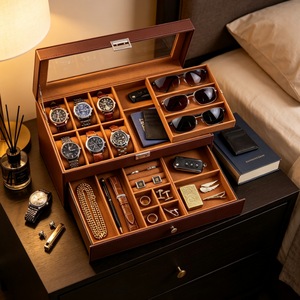 Caja de Almacenamiento de Accesorios para Hombre de Cuero de Gran Capacidad, Organizador Multicompartimento para Relojes, Gafas de Sol, Collares, Objetos de Valor de Escritorio - Product Image 4