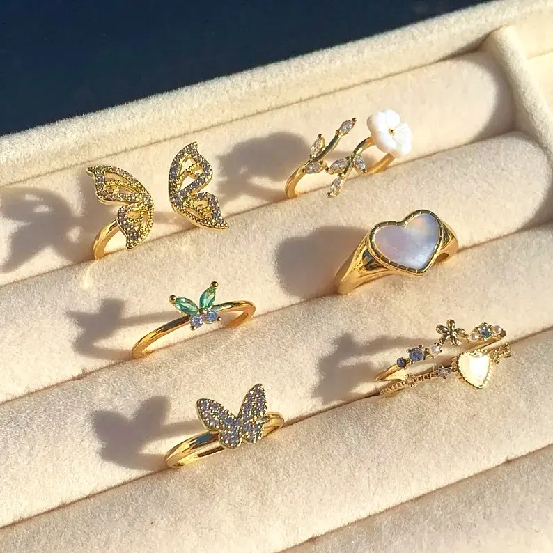 Лидер продаж, изящное Золотое кольцо с бабочкой, многослойные кубические циркониевые регулируемые штабелируемые кольца на палец для женщин и девушек