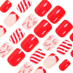 24 faux ongles à presser, nouveau modèle de Noël, motif canne à sucre rouge, style French Manucure, classiques à rayures rouges et blanches, festifs, vente en gros - Product Image 3