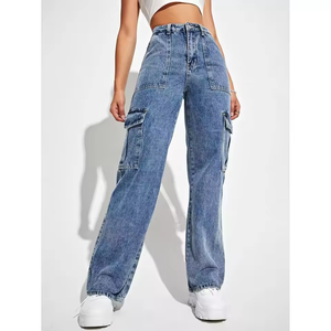 100% coton mode <span class=keywords><strong>Cargo</strong></span> respirant femmes StraightTrousers multi-poches Denim jambe large <span class=keywords><strong>Cargo</strong></span> Jeans - Product Image 5