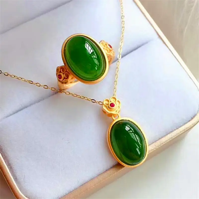 24K Sand Gold Yellow Gold Imitation Hetian Jade Green Chalcedony Adjustable Ring Female Pendant Collar Necklace