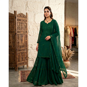 Green Embroidered Net Punjabi Set Indian Pakistani Clothing Sheer Long Sleeve Top Tiered Skirt <b>Shawl</b> for Party Wear - Product Image 1