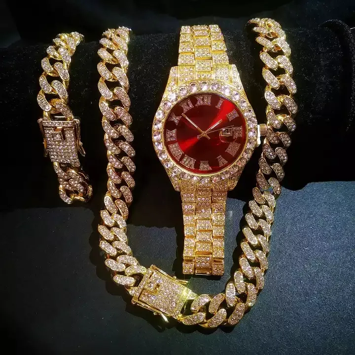 Novo Luxo Moda Jóias Ice Out Cadeia Cubana Colar Pulseira Relógios Conjuntos Rhinestone Plated Zircon Diamond Watch para Homens