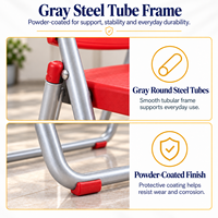 Chaise pliante en plastique rouge, chaise légère pour événements avec poignée de transport, chaise à structure en acier gris thermolaqué pour les fêtes