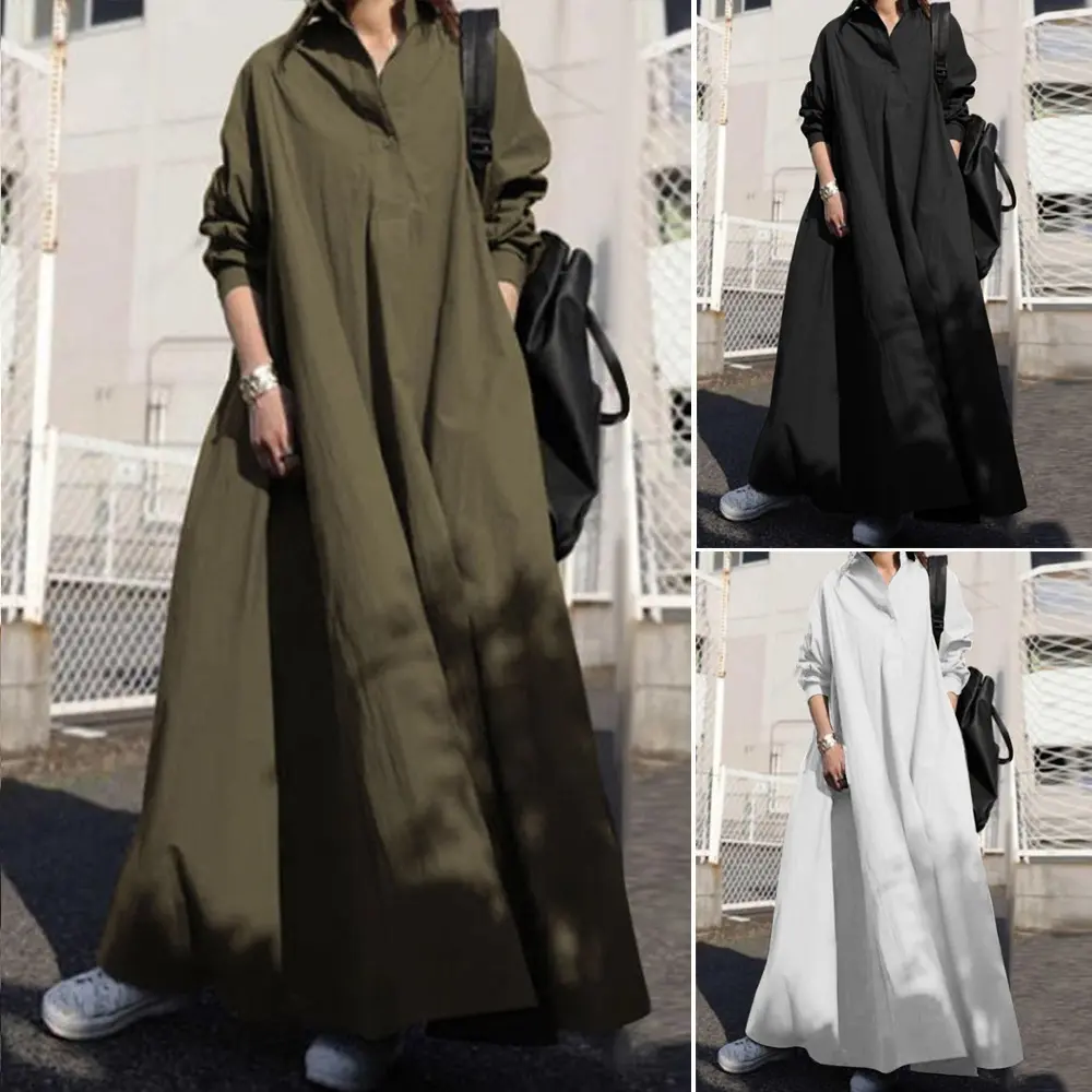 Wholesale Solid Color Polyester Cotton Linen Loose Long Sleeve Dress For Women