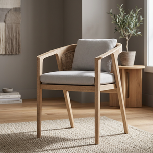 Chaise de salle à manger moderne en teck et rotin capitonnée pour la maison, le bureau, le bar, l'atelier, l'entrepôt – Faite à la main, durable et écologique - Product Image 2