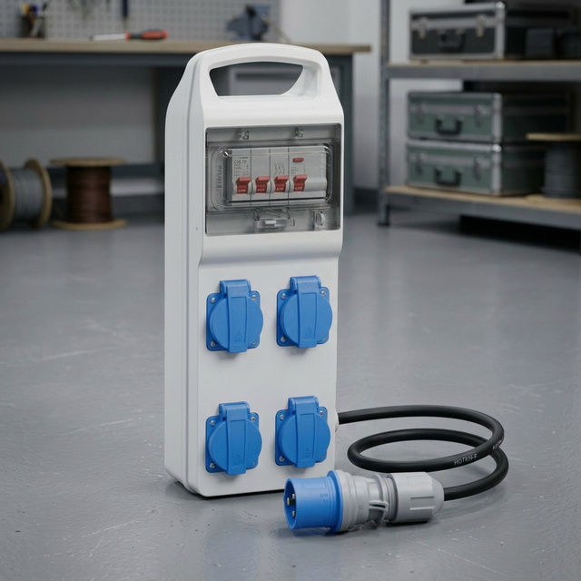 Portable Power Distribution Box with 4 Way IP54 Schuko Sockets RCD MCB Protection 2m H07RN-F 3x2.5mm 16A CEE Industrial Plug