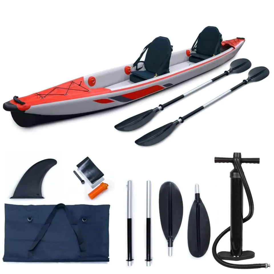 Caiaque inflável para 2 pessoas, canoa personalizada de fábrica de pesca com barcos a remo com nadadeira destacável