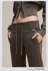 Setelan truk berat 400gsm, setelan 2 potong jas katun Fleece Crop Zip Hoodie dan Flare Sweatpants wanita musim dingin - Product Image 3