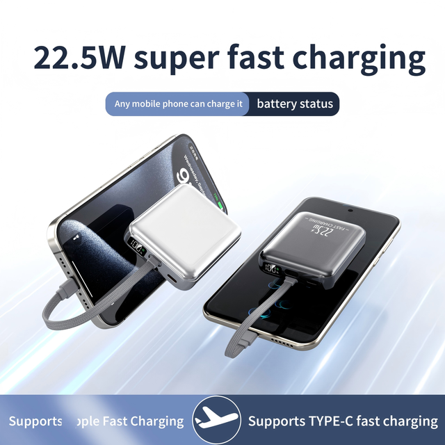 High Capacity Ultra-Compact Fast Charging 10000mah LED Display Type-C Power Bank 22.5W with Cable Customized