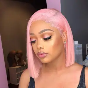 Pink Brazilian Straight Short Bob Human Hair 13x4 Transparent HD Lace Front Wigs for Black Women Full Lace Human Hair Wigs