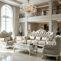 Ensemble de canapés en cuir et bois massif sculpté de style classique européen, mobilier de salon de luxe de style français, vente en gros pour villas et hôtels OEM ODM