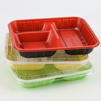 Contenants alimentaires jetables en plastique rouge/noir, micro-ondables, en forme de coquille, capacité 800 ml, forme rectangulaire, pour plats à emporter