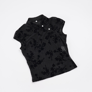 Camiseta moderna china de malla con estampado flocado y botones de rana, sexy, transparente, ajustada, de manga corta para mujer - Product Image 6