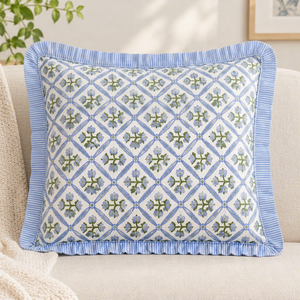 RIDHI Coastal Blue Ruffle Lumbar <b>Pillow</b> Cover <b>Set</b> Western Hand Block Print Floral Cotton Removable Washable Customizable Zipper - Product Image 1