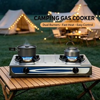 Kompor Gas LPG Stainless Steel Dua Tungku Portabel Meja 3200W Pengapian Piezoelektrik Kontrol Api Dapat Diatur Dapur Rumah