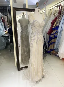 Wholesale Silver Champagne Mermaid Feather Beading Long Gown Prom Evening Dress 2025