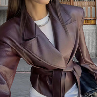En stock, nouvelle veste en PU et polyester à col court de style européen et américain, ceinture à la taille, style rétro, élégante, pour femmes, 2 couleurs