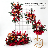 Ensemble de Décoration Florale Artificielle Rouge et Or pour Mariage, Composition Florale en Soie pour Fond en Maille, Décoration de Scène pour Fiançailles
