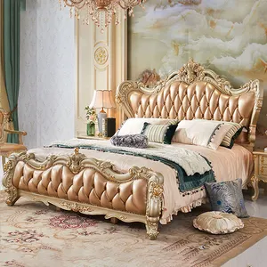 Cama de madera maciza de 2m de estilo europeo personalizada, cama doble de cuero de 1,8 m, corona de lujo tallada, villa, cama de boda, muebles de dormitorio