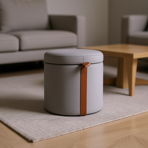 Uptown Gray 14 <b>Round</b> Storage Ottoman Fabric Upholstered With Leather Accent Modern Minimalist Living Room Furniture - Product Image 2