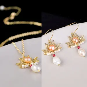 Trendy Lotus Flower Design Pearl Necklace / Earring Jewelry Set