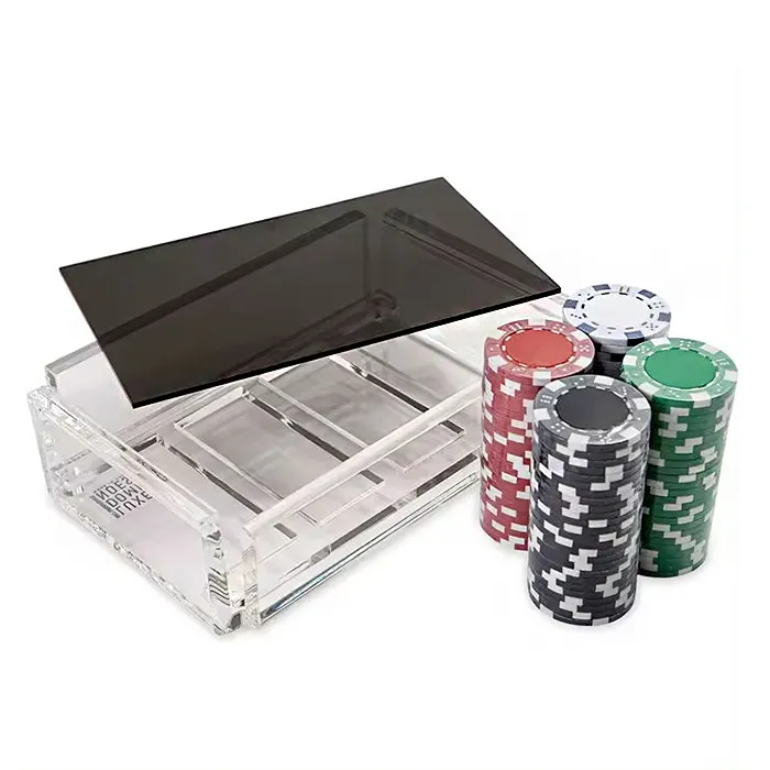 Caixa acrílica para armazenamento de fichas de pôquer, bandeja com tampa deslizante preta, feita à mão, Lucite, por atacado
