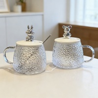 Mug à café en verre martelé de 400 ml avec poignée et couvercle en forme d'ours, design élégant, tasse en verre en forme d'ours avec cuillère