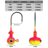 Anzuelo de cabeza de martillo ovalado de 7g, 10g, 14g con ojo de pez 3D bicolor, opción de brillo en acero de alto carbono para pesca de lubina en agua dulce