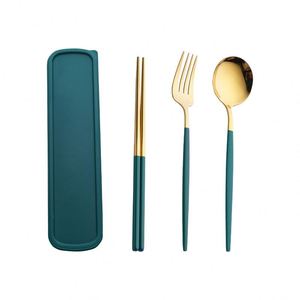 Korean-Style Convenient Tableware Stainless Steel Cutlery Gold Chopsticks Spoon Fork 3Pcs Set Student Travel Flatware Sets - Product Image 2