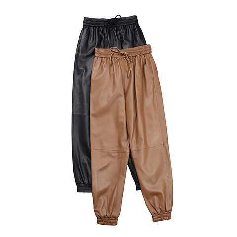 1630 New Fashion Athflow Versatile Elastic Waist Lambskin Loose & Comfort Women Genuine Leather Trousers