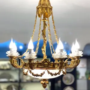 Royaleyes European Antique Brass Pendant Light Decor Chandeliers Exquisite Lost Wax Casting Bronze Hanging Candle Lighting Lamps